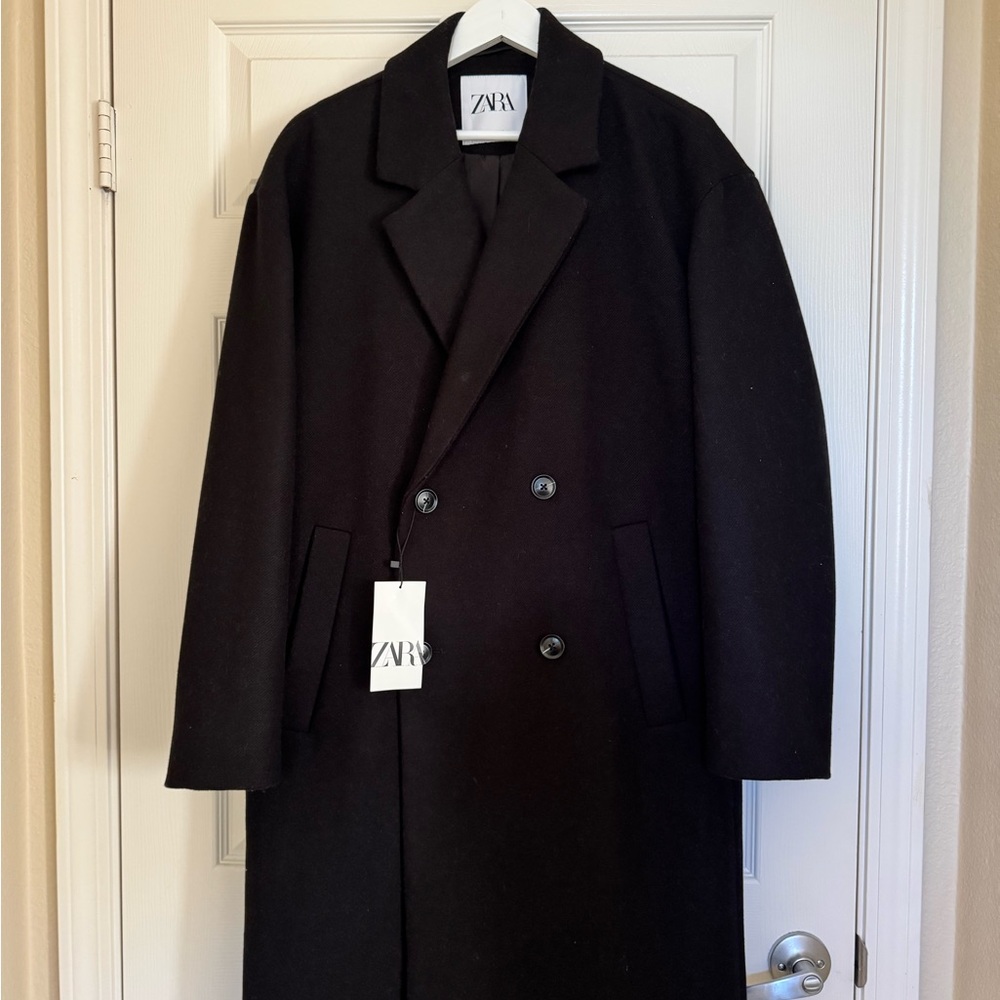 Zara Double-Breasted Black Pea Coat
